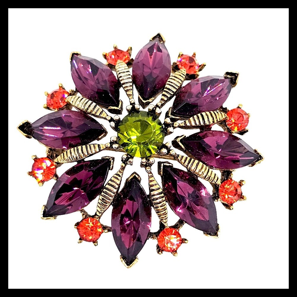 Vintage GRAZIANO Austrian Crystal Flower Brooch Gorgeous Purple Orange Green